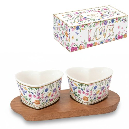 Duo misky srdce kvety na drev.podnose